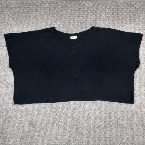 Abaca Tops - Abaca Top Womens One Size Black Cotton V Neck Dolman Pocket Minimalist Lagenlook